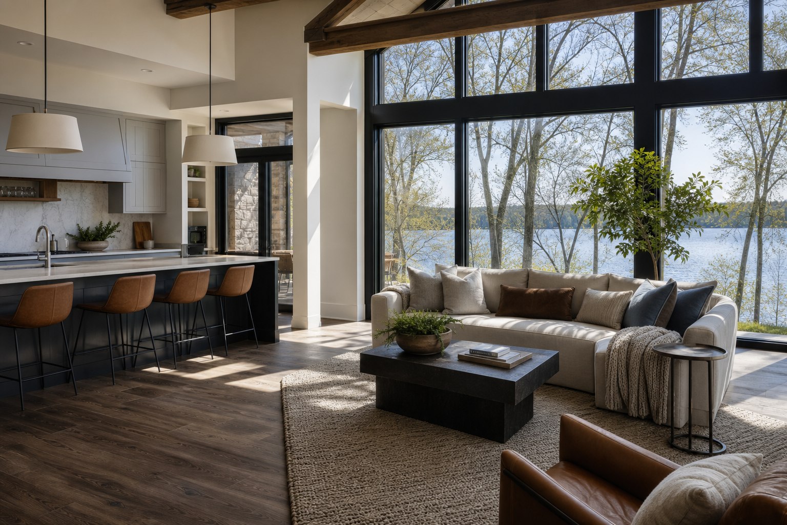 Lake Elmo luxury home interior with an open kitchen, living area, and expansive windows overlooking a lake
