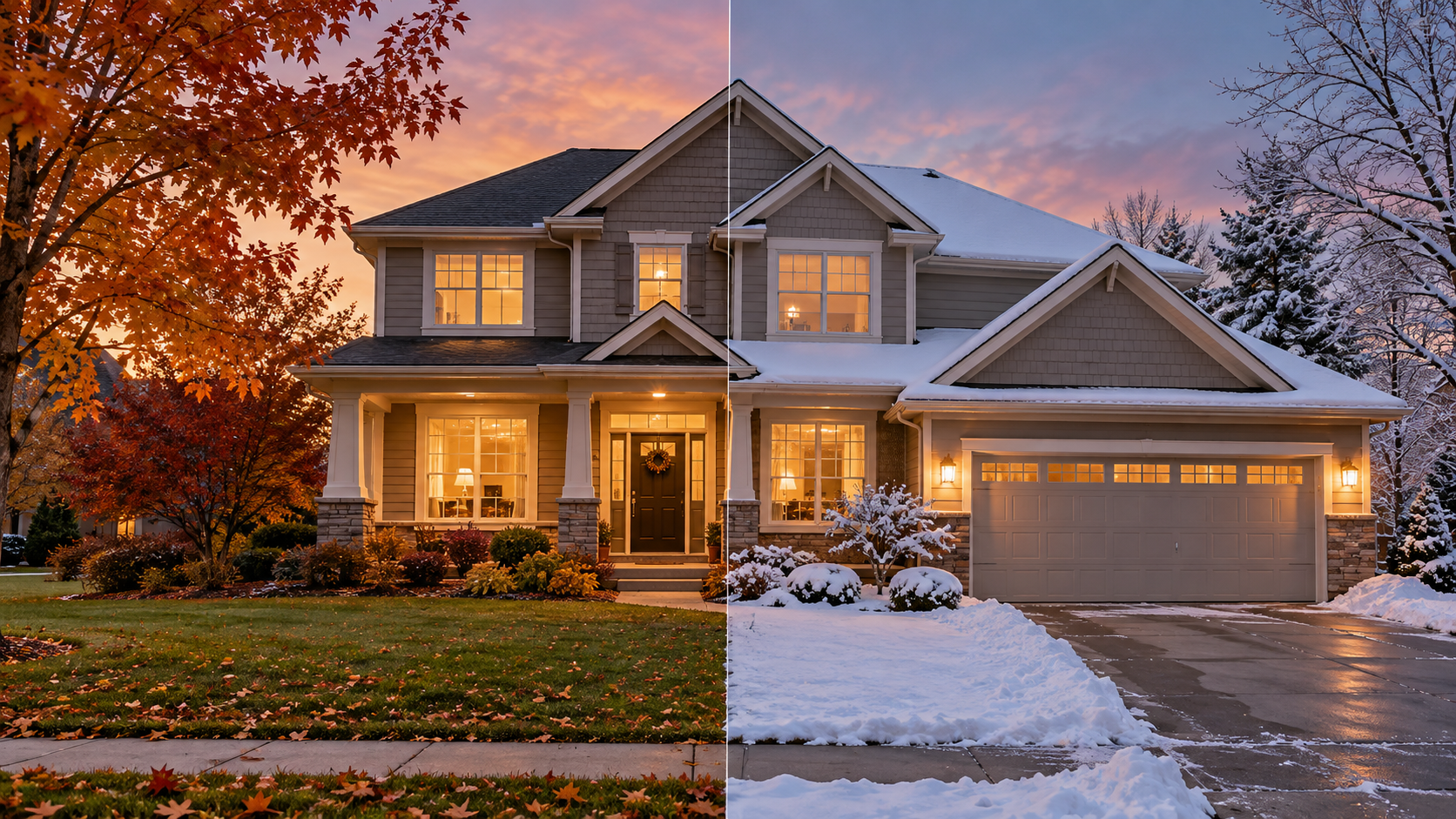 Suburban Minnesota home at dusk with early snow and warm lights glowing in the windows