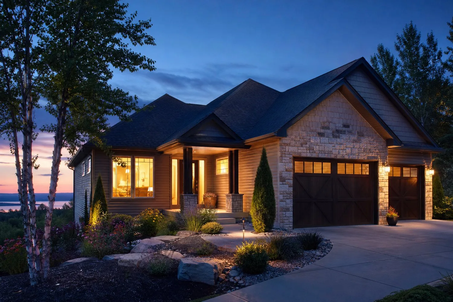 Woodbury MN Downsizing and One-Level Home Guide Single-story home with stone and siding exterior, three-car garage, landscaped front yard, and warm exterior lighting at dusk.