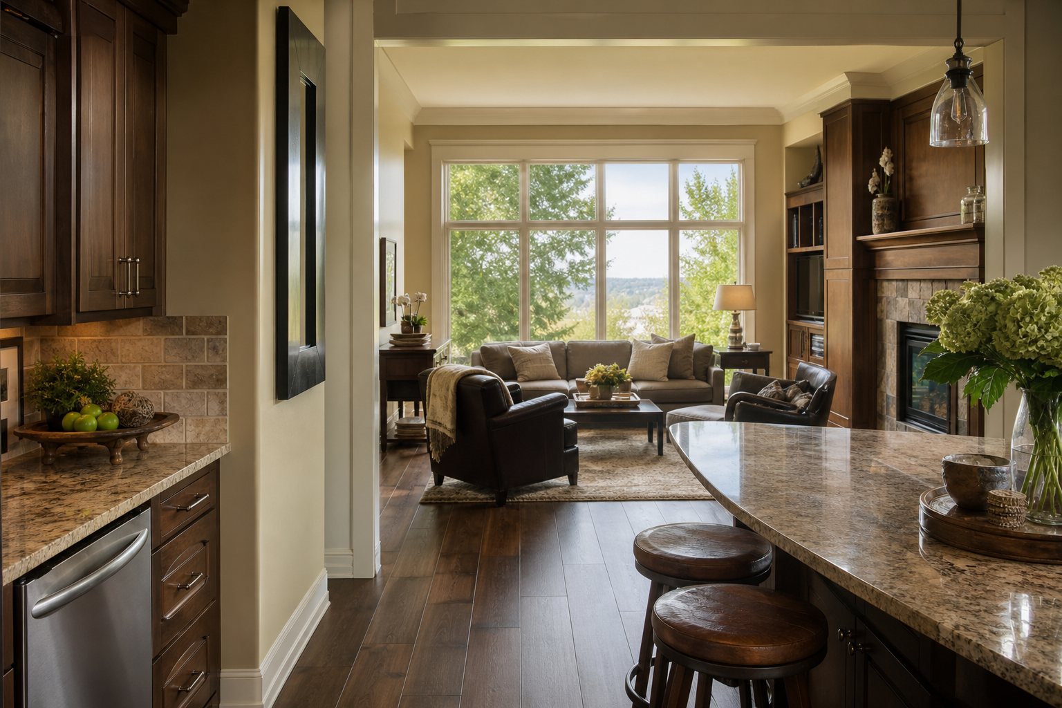 Warm Woodbury home interior with a wood and granite kitchen opening into a living room with a large window overlooking greenery and water