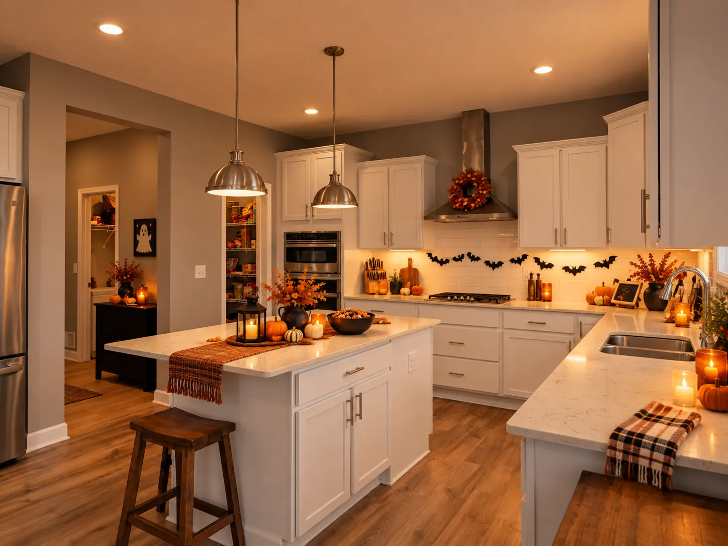Digitally enhanced Halloween-themed interior view of 870 Spancil Hill Dr in Woodbury, Minnesota: kitchen island and pantry.