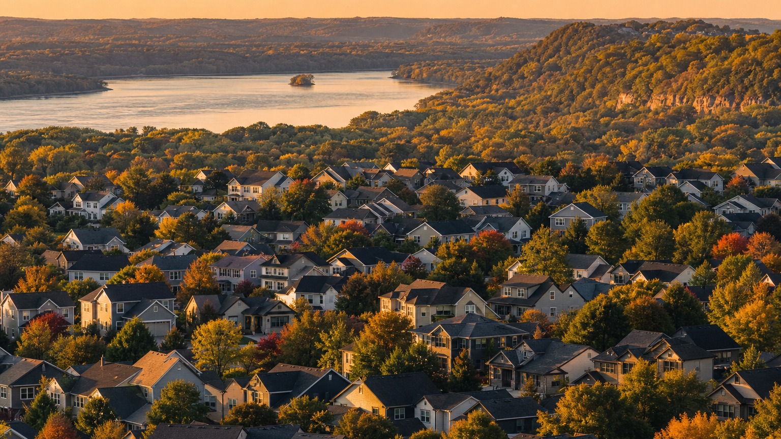 Autumn view over Bayport, Minnesota neighborhoods with the St. Croix River and wooded bluffs in the distance