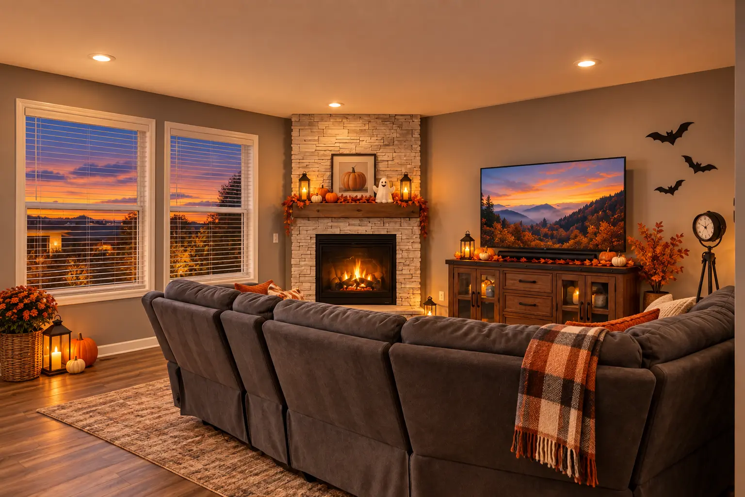 Digitally enhanced Halloween-themed interior view of 870 Spancil Hill Dr in Woodbury, Minnesota: family room at sunset.