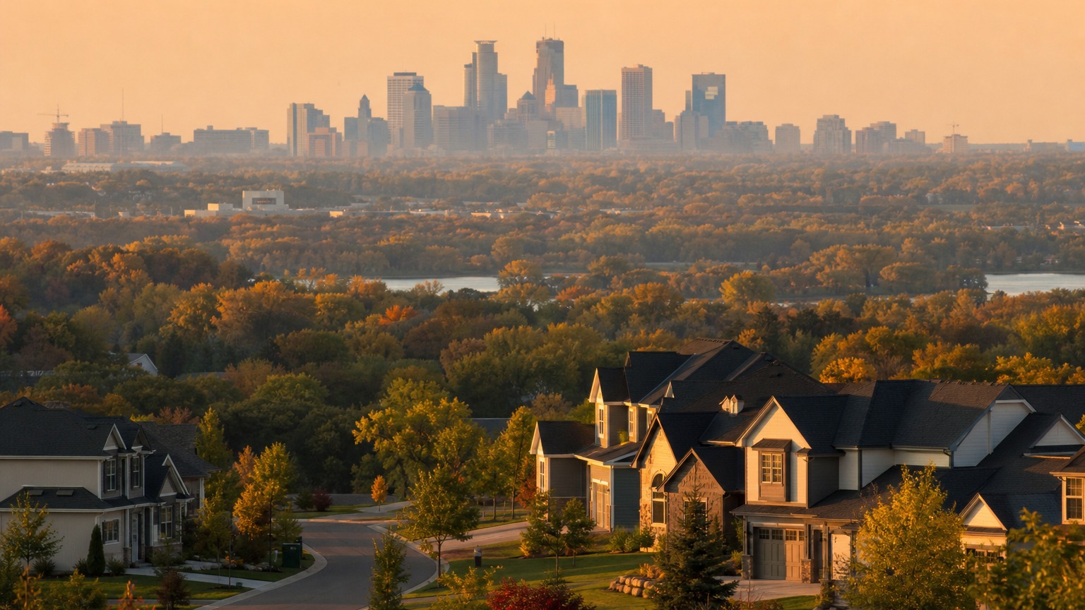 Digital rendering, not a photograph, of suburban homes surrounded by fall color at sunset with the Minneapolis skyline in the distance