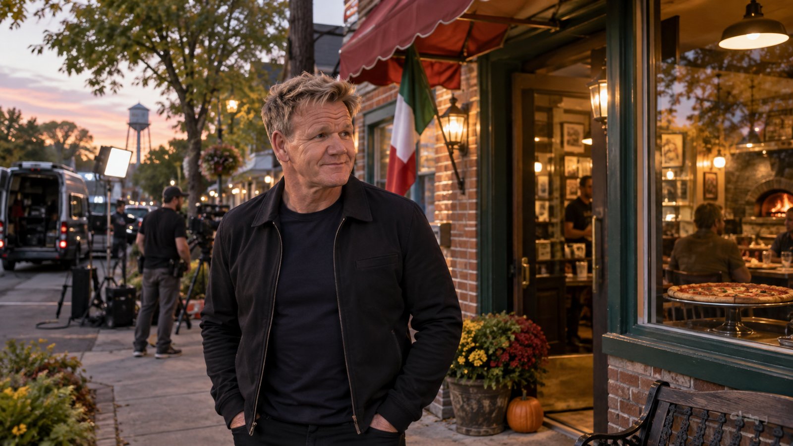 AI-generated concept image inspired by reports of Gordon Ramsay visiting The Pizza Factory in North St. Paul. Not an actual photograph.
