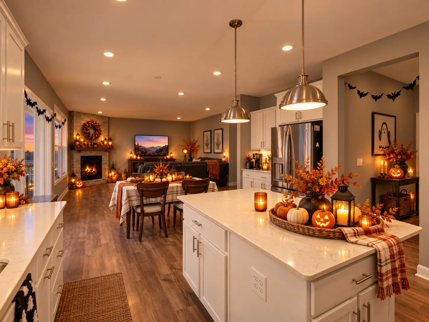 Digitally enhanced Halloween-themed interior view of 870 Spancil Hill Dr in Woodbury, Minnesota: kitchen, dining and fireplace.