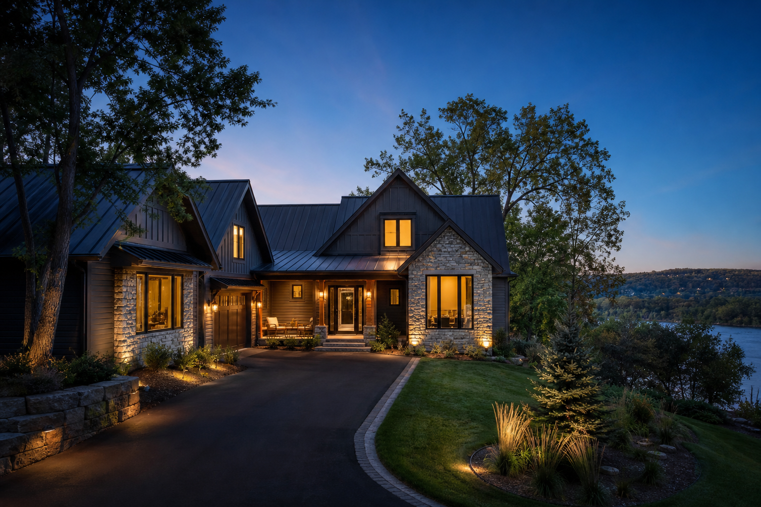 Twin Cities area home at twilight with warm interior lighting and a manicured lawn