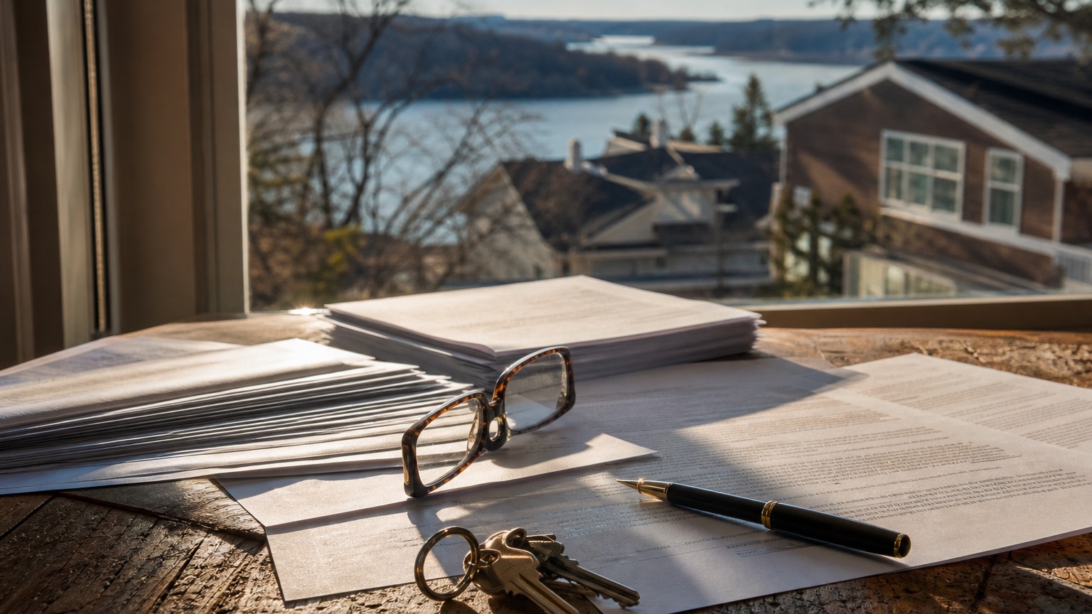 Purchase agreement papers, reading glasses, a pen and house keys on a table by a window overlooking St. Croix Valley homes and the St. Croix River