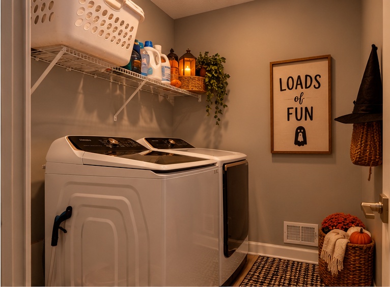 Digitally enhanced Halloween-themed interior view of 870 Spancil Hill Dr in Woodbury, Minnesota: upper-level laundry room.