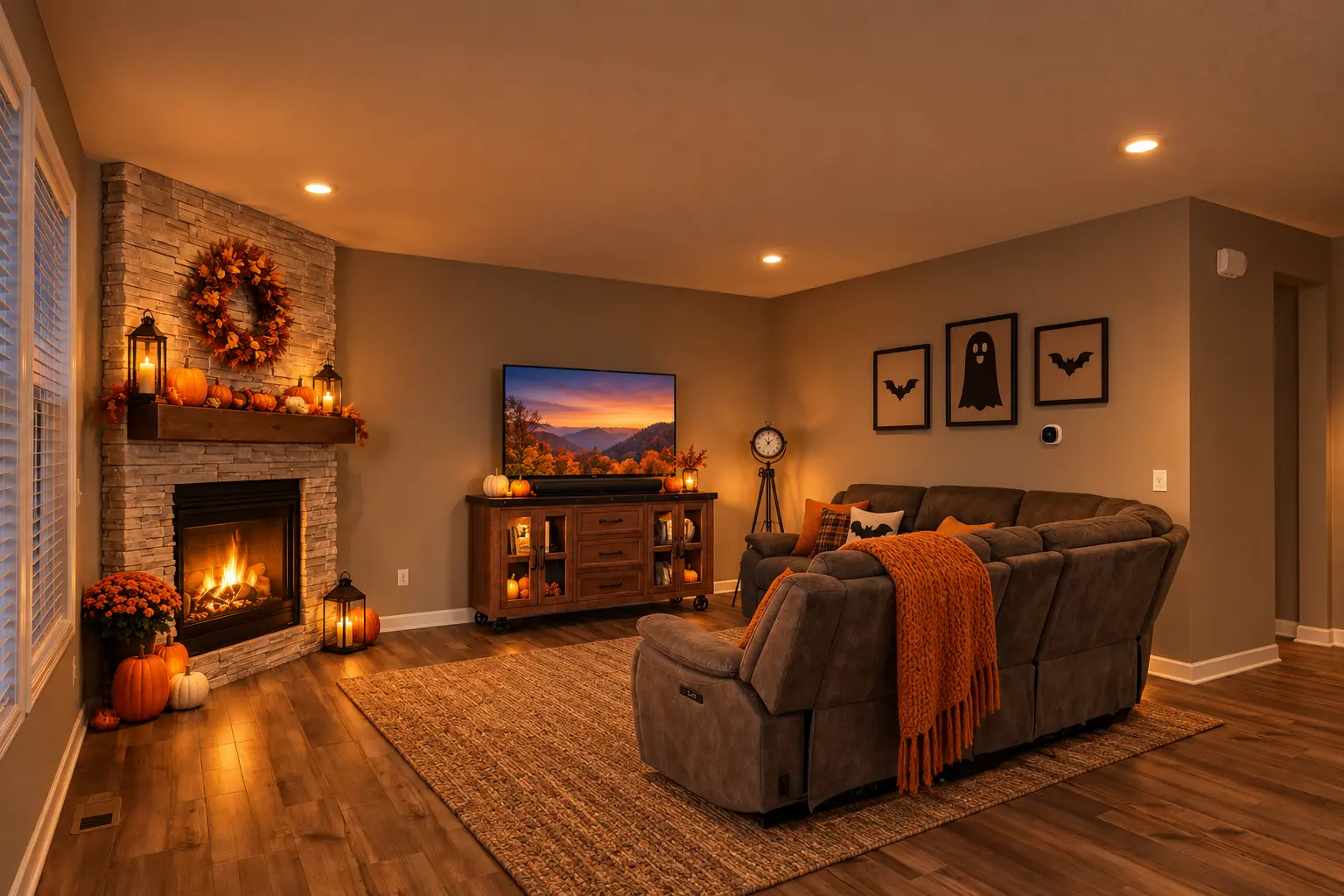 Digitally enhanced Halloween-themed interior view of 870 Spancil Hill Dr in Woodbury, Minnesota: living room fireplace.