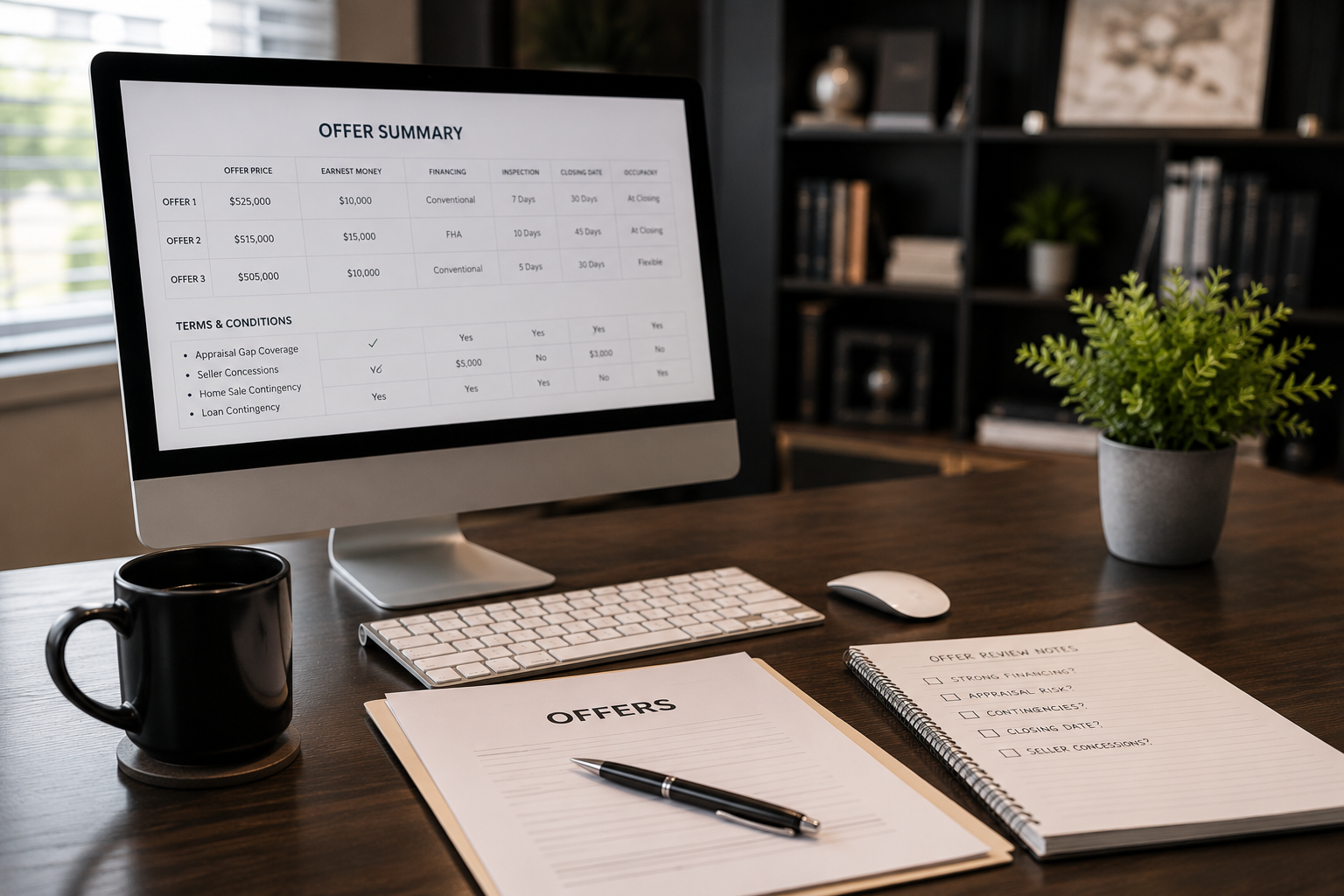 A desktop computer showing an offer summary spreadsheet with offer terms, next to a notebook, pen, coffee mug, and offer review notes on a wooden desk