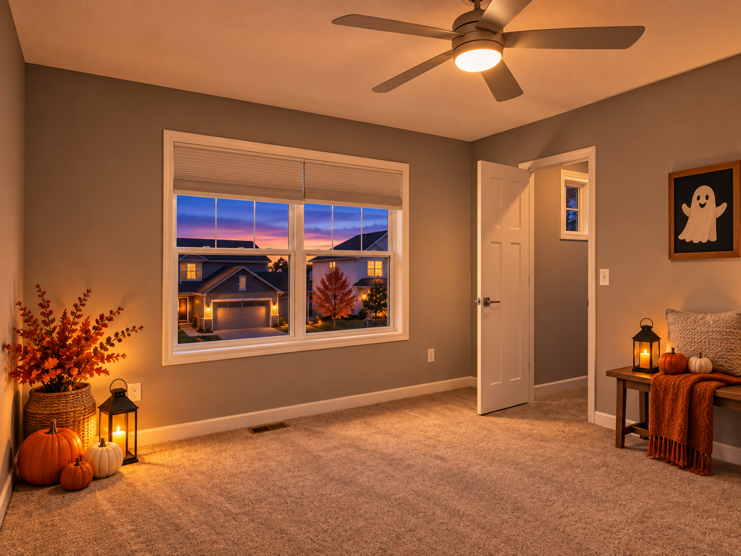 Digitally enhanced Halloween-themed interior view of 870 Spancil Hill Dr in Woodbury, Minnesota: bedroom reading nook.