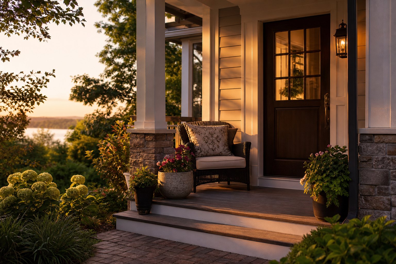 Illustrative image of a welcoming front porch with a wicker chair and potted flowers at sunset, for an article on home pricing strategy in the Twin Cities East Metro