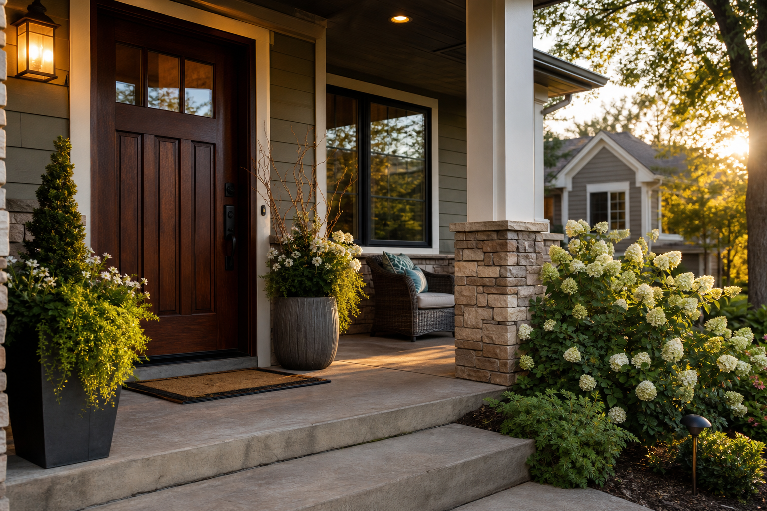 Front porch of a Woodbury, Minnesota home with fresh landscaping, updated lighting and a clean entry at golden hour