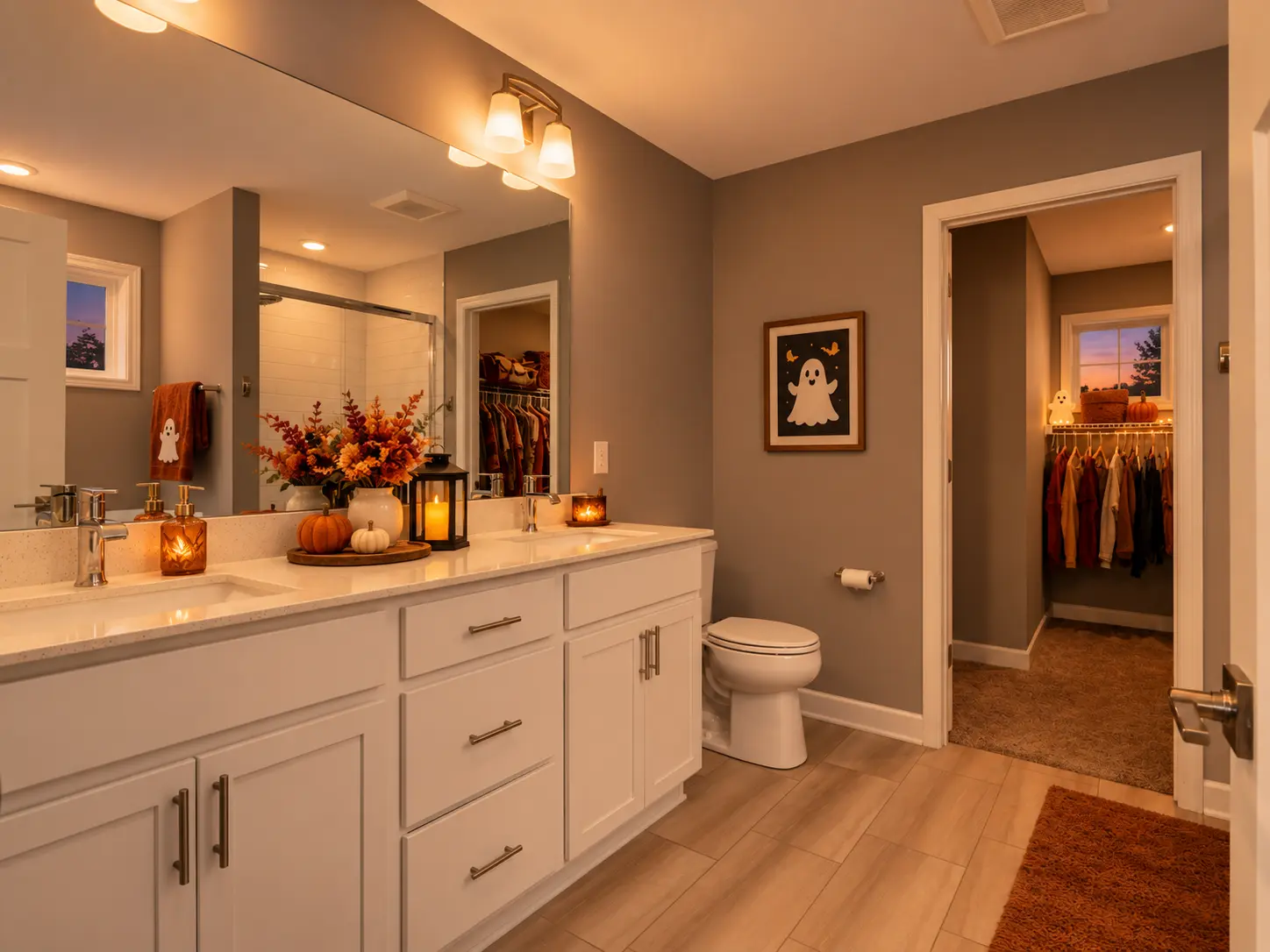 Digitally enhanced Halloween-themed interior view of 870 Spancil Hill Dr in Woodbury, Minnesota: owner's bath.