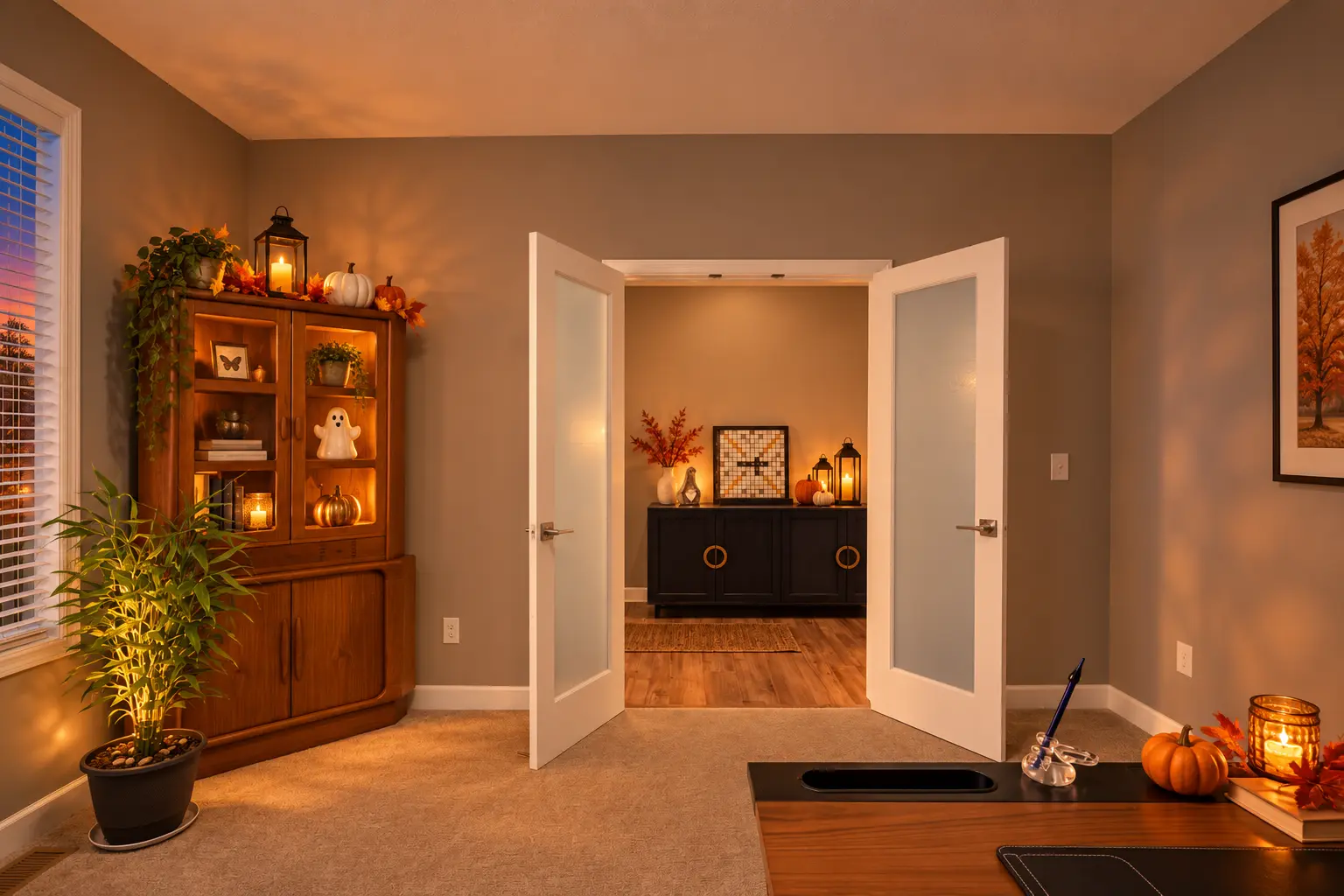 Digitally enhanced Halloween-themed interior view of 870 Spancil Hill Dr in Woodbury, Minnesota: office french doors.