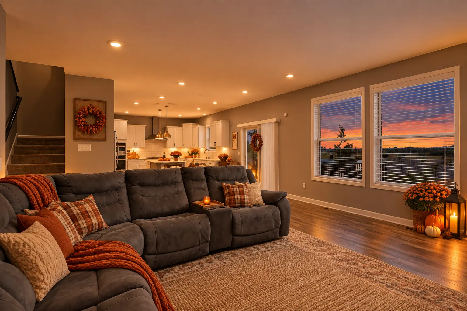 Digitally enhanced Halloween-themed interior view of 870 Spancil Hill Dr in Woodbury, Minnesota: open-concept living and kitchen.