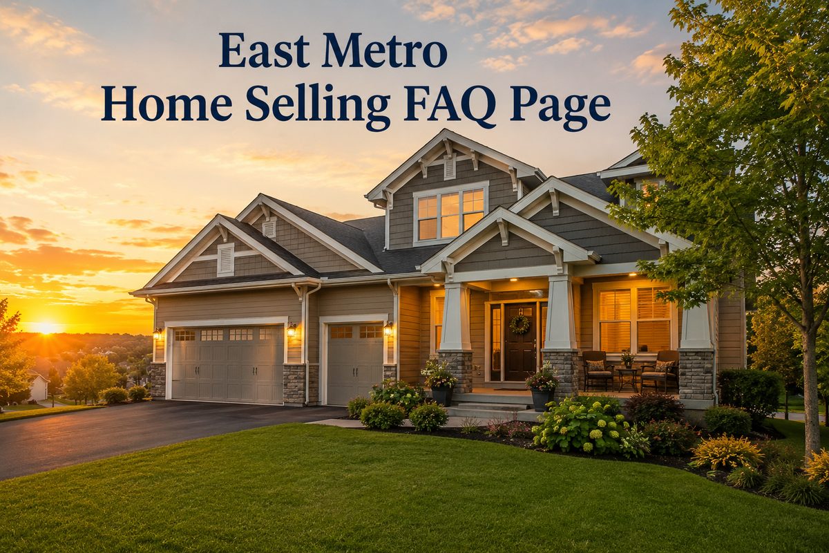 A well-maintained East Metro home at sunset with landscaped yard and two-car garage
