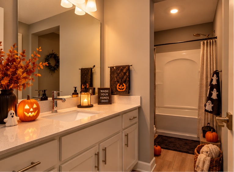 Digitally enhanced Halloween-themed interior view of 870 Spancil Hill Dr in Woodbury, Minnesota: full bathroom.