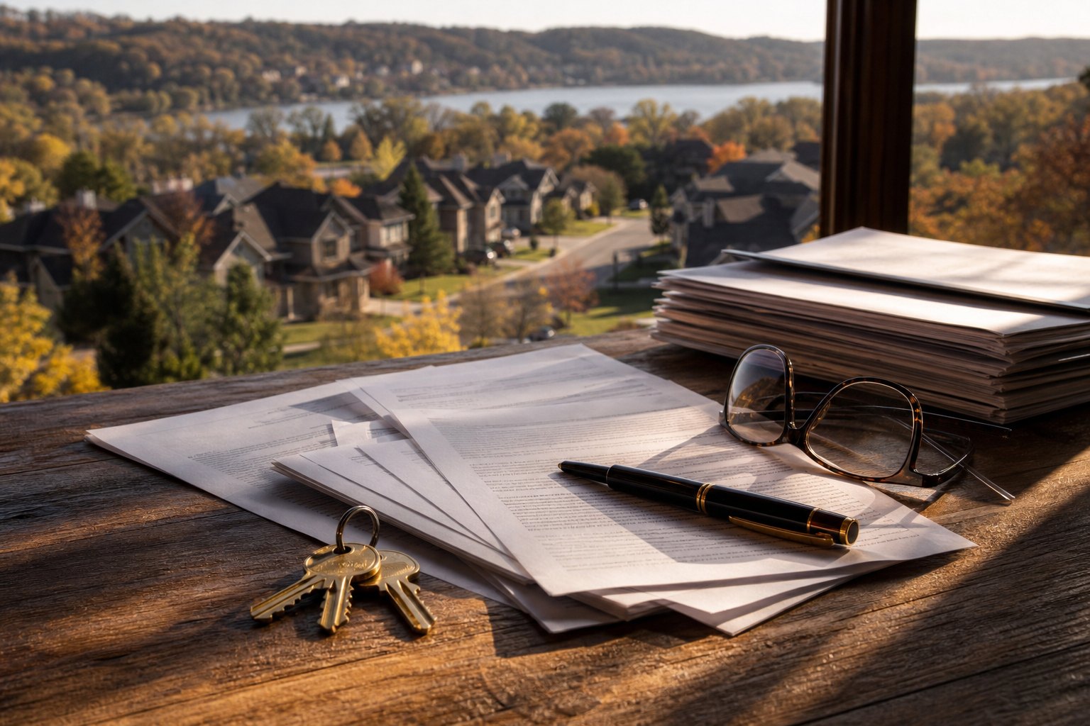Closing documents, a pen, reading glasses and house keys on a wooden desk overlooking a fall neighborhood and river valley, illustrating seller closing costs in the Twin Cities East Metro
