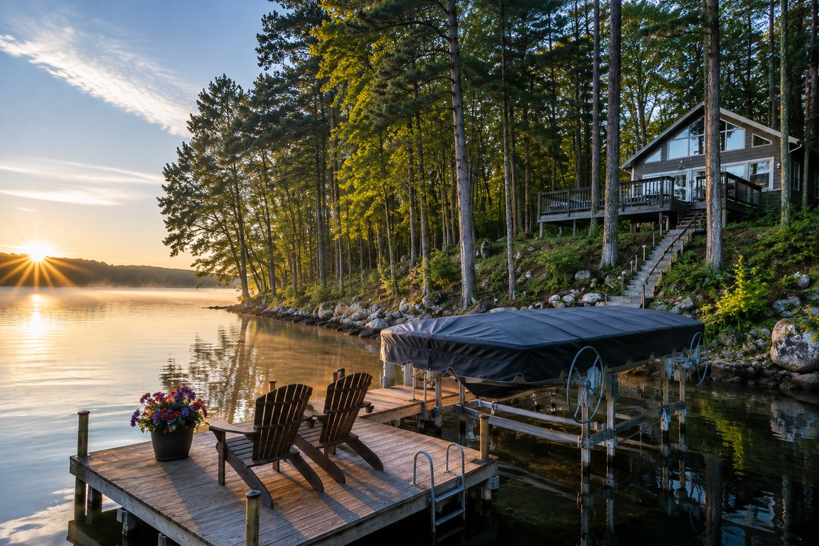 Sunrise over a western Wisconsin lakefront property, with a wooden pier and boat lift reaching into calm water, Adirondack chairs on the shoreline, and a cabin tucked among tall pines