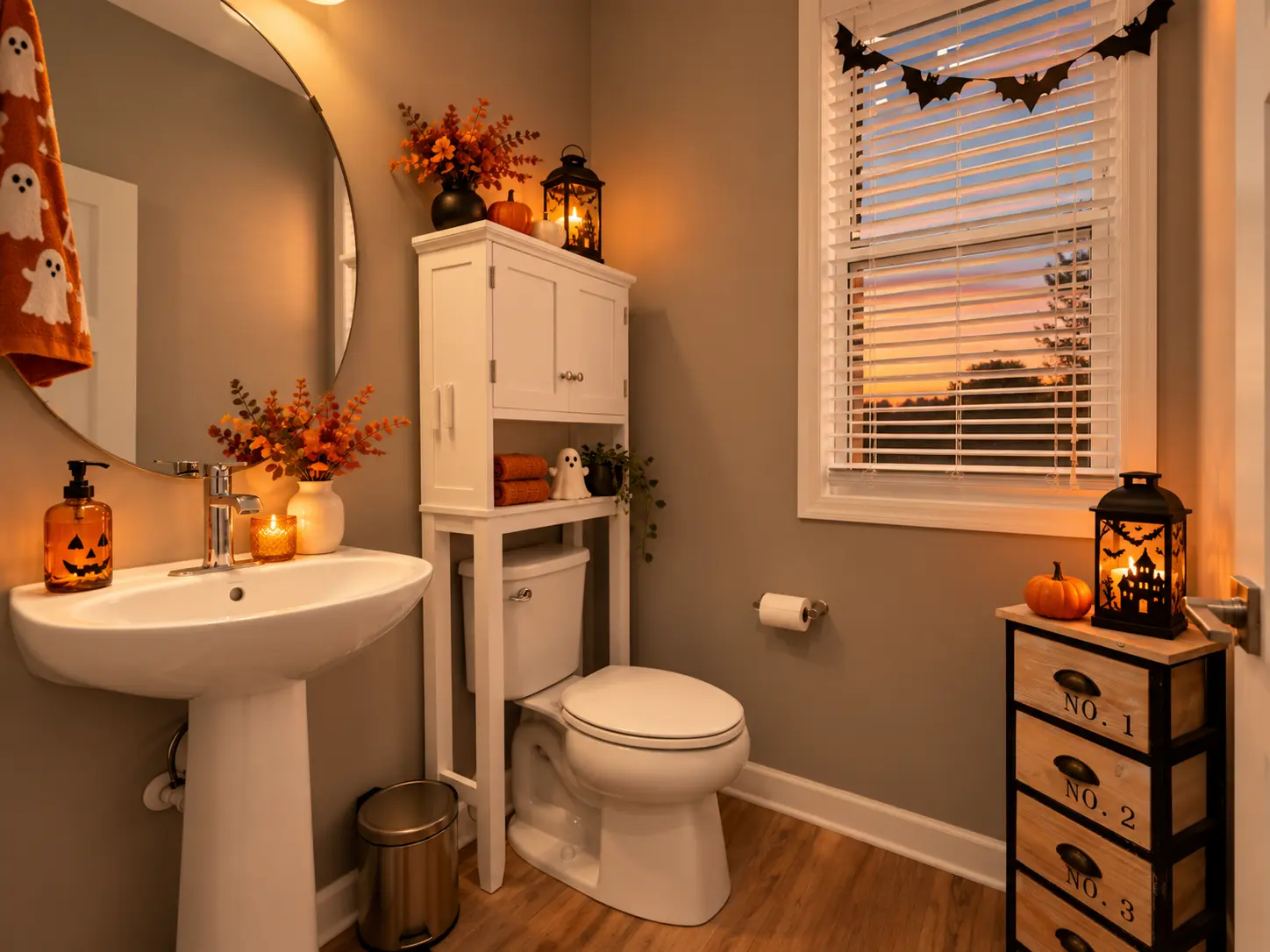 Digitally enhanced Halloween-themed interior view of 870 Spancil Hill Dr in Woodbury, Minnesota: powder room.