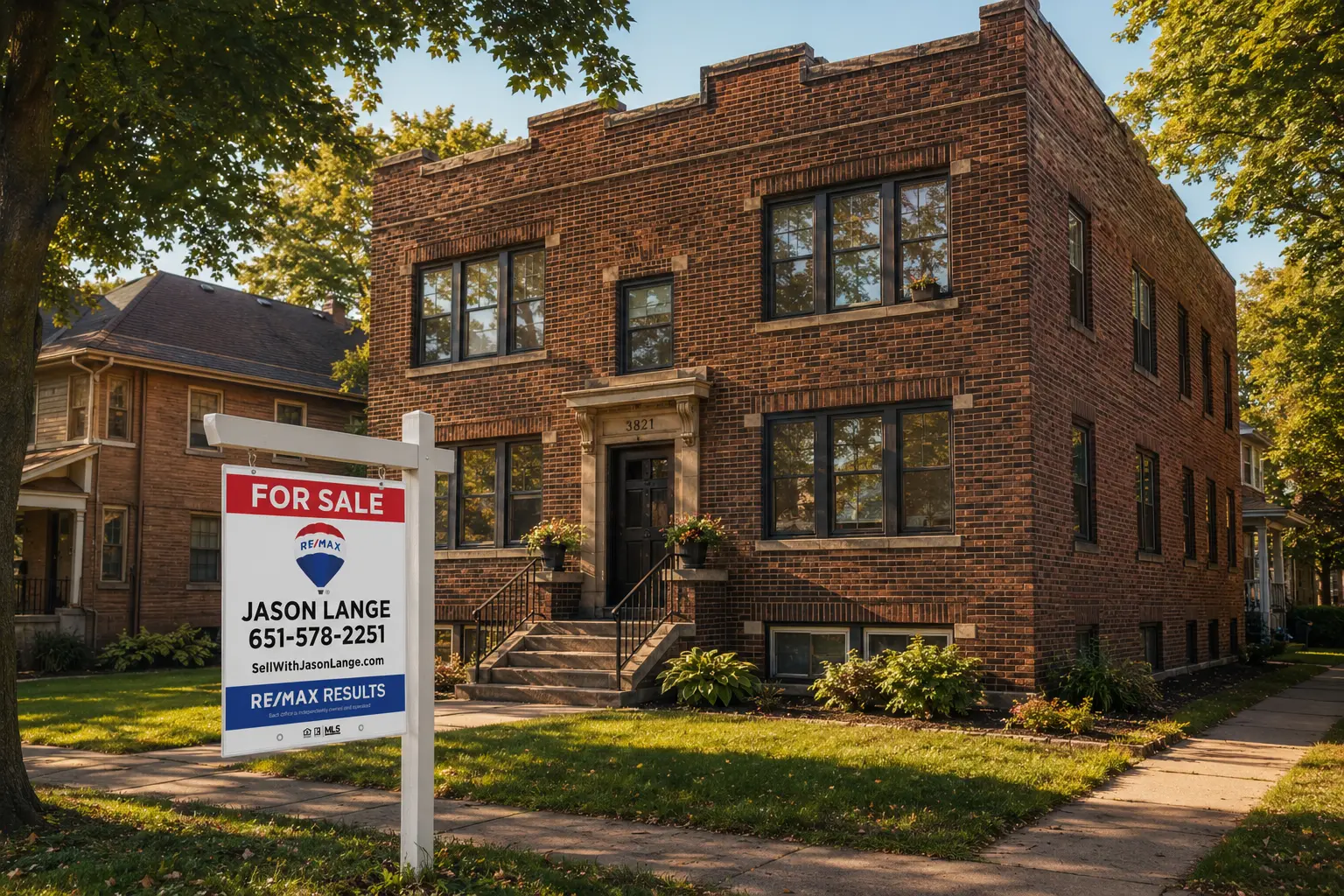 Brick fourplex in South Minneapolis with a Jason Lange RE/MAX for sale sign in the front yard on a sunny late summer day