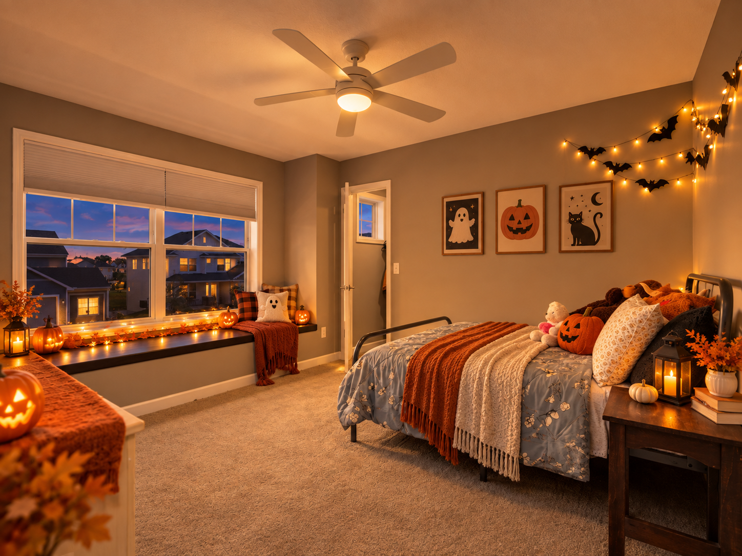 Digitally enhanced Halloween-themed interior view of 870 Spancil Hill Dr in Woodbury, Minnesota: bedroom.