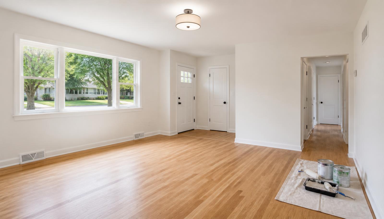 Freshly updated home interior with newly painted walls and new wood flooring, shown as a general illustration