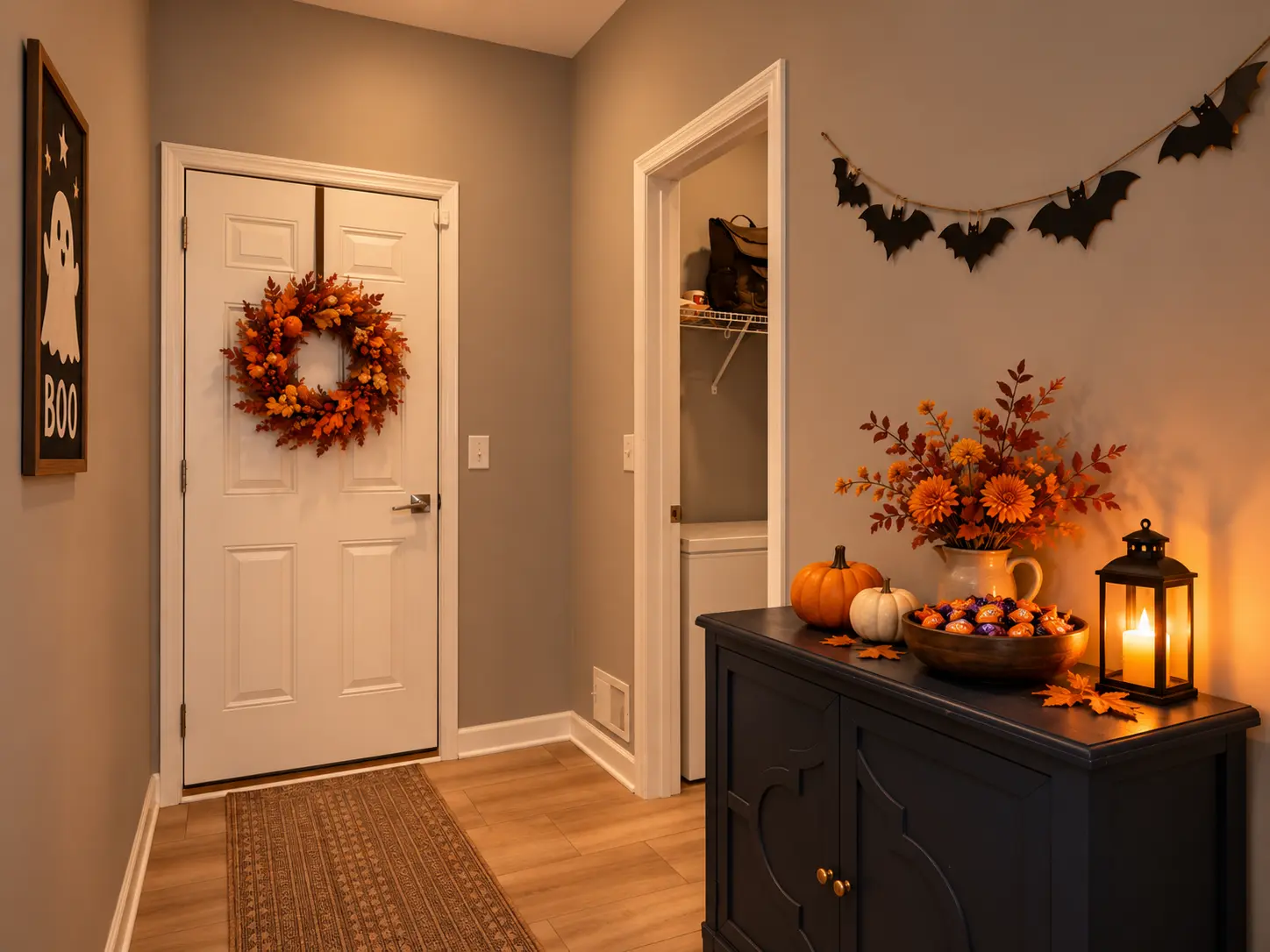 Digitally enhanced Halloween-themed interior view of 870 Spancil Hill Dr in Woodbury, Minnesota: mudroom entry.