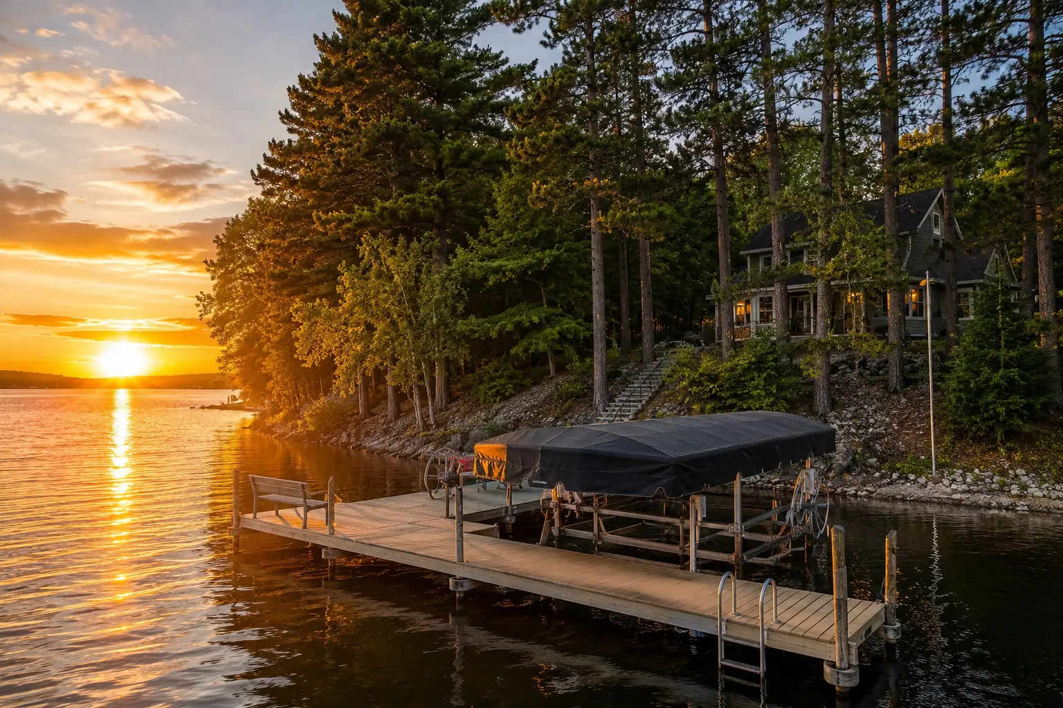Golden sunset over a Minnesota lake with a wooden dock, boat lift, and lakefront cabin nestled among tall pines