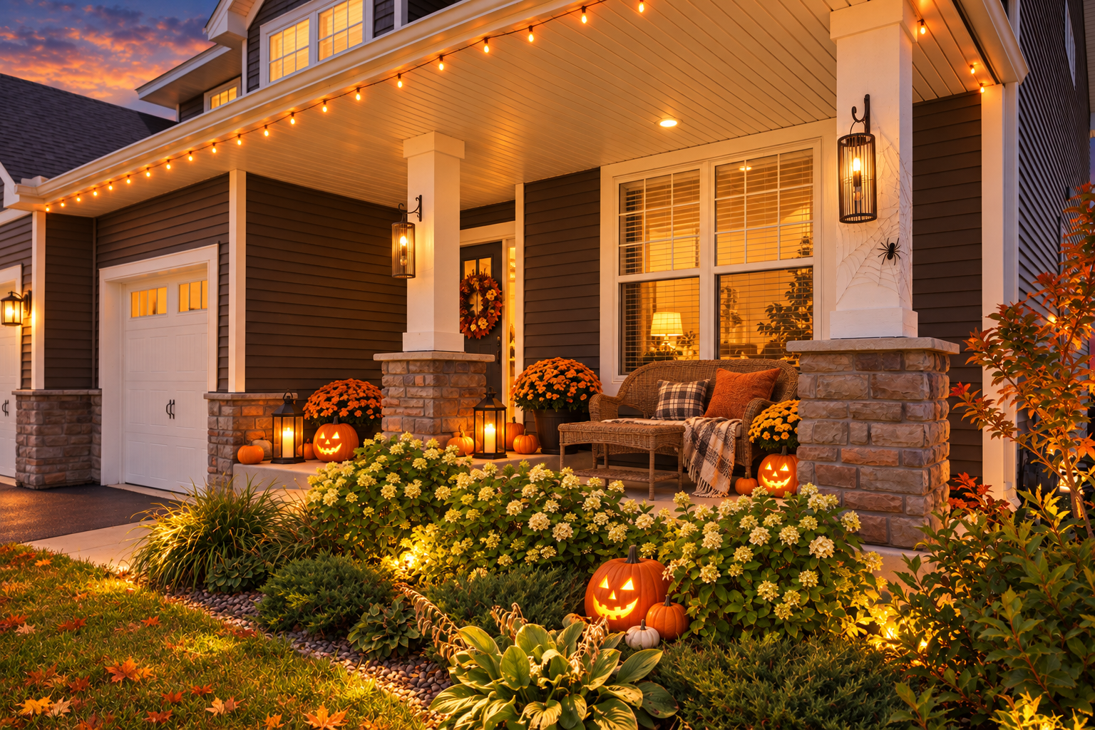 Digitally enhanced Halloween-themed exterior view of 870 Spancil Hill Dr in Woodbury, Minnesota: front porch.