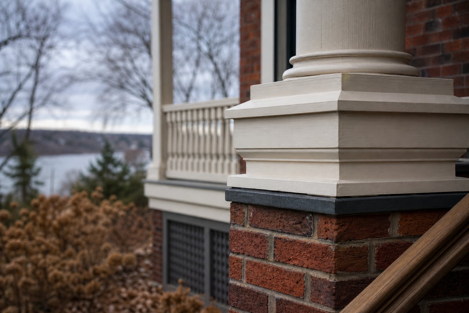 Detailed front porch of a St. Croix Valley home overlooking the river on a quiet autumn day