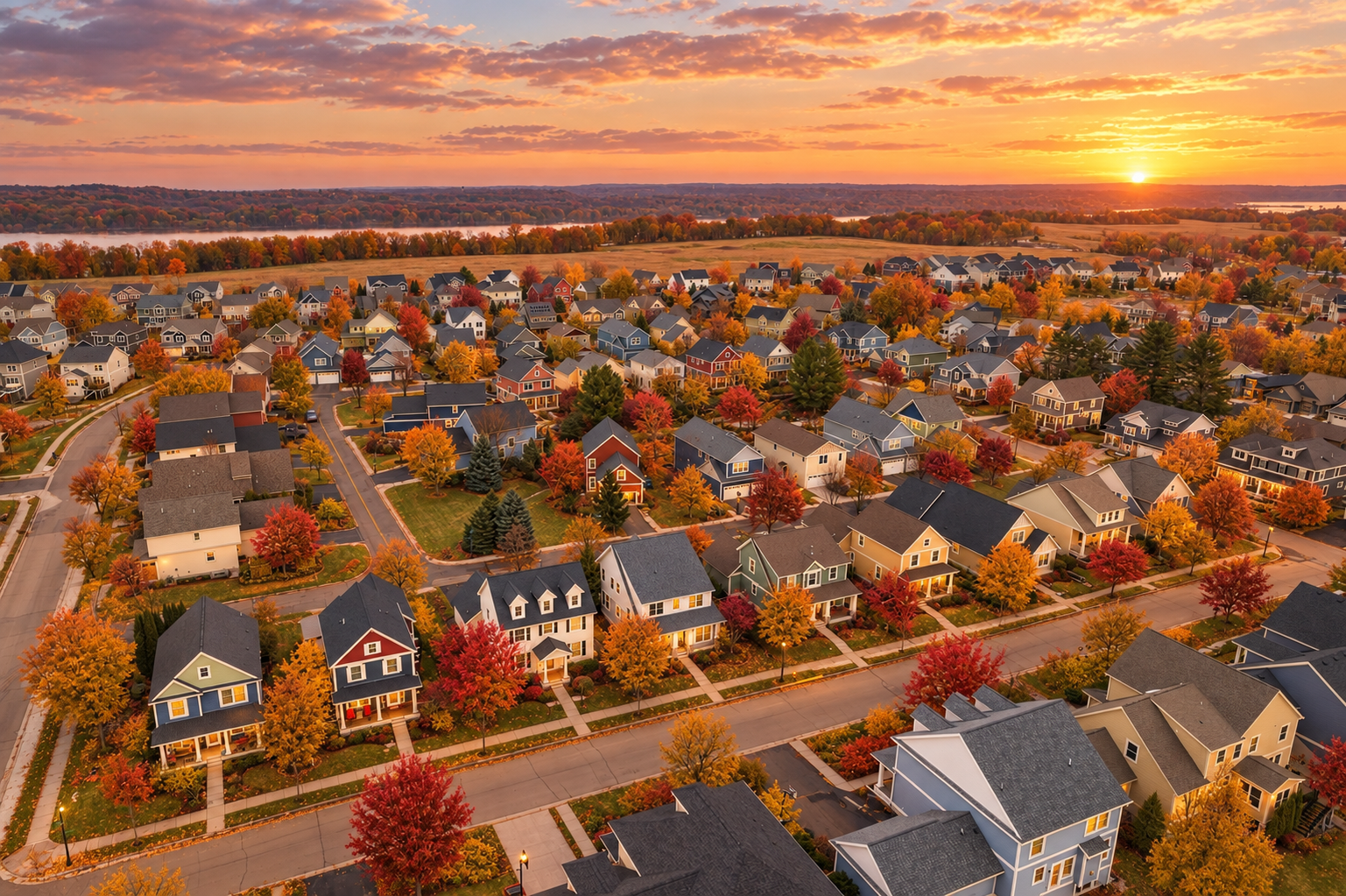 Aerial view of the Inspiration neighborhood of Bayport, Minnesota in fall at sunset