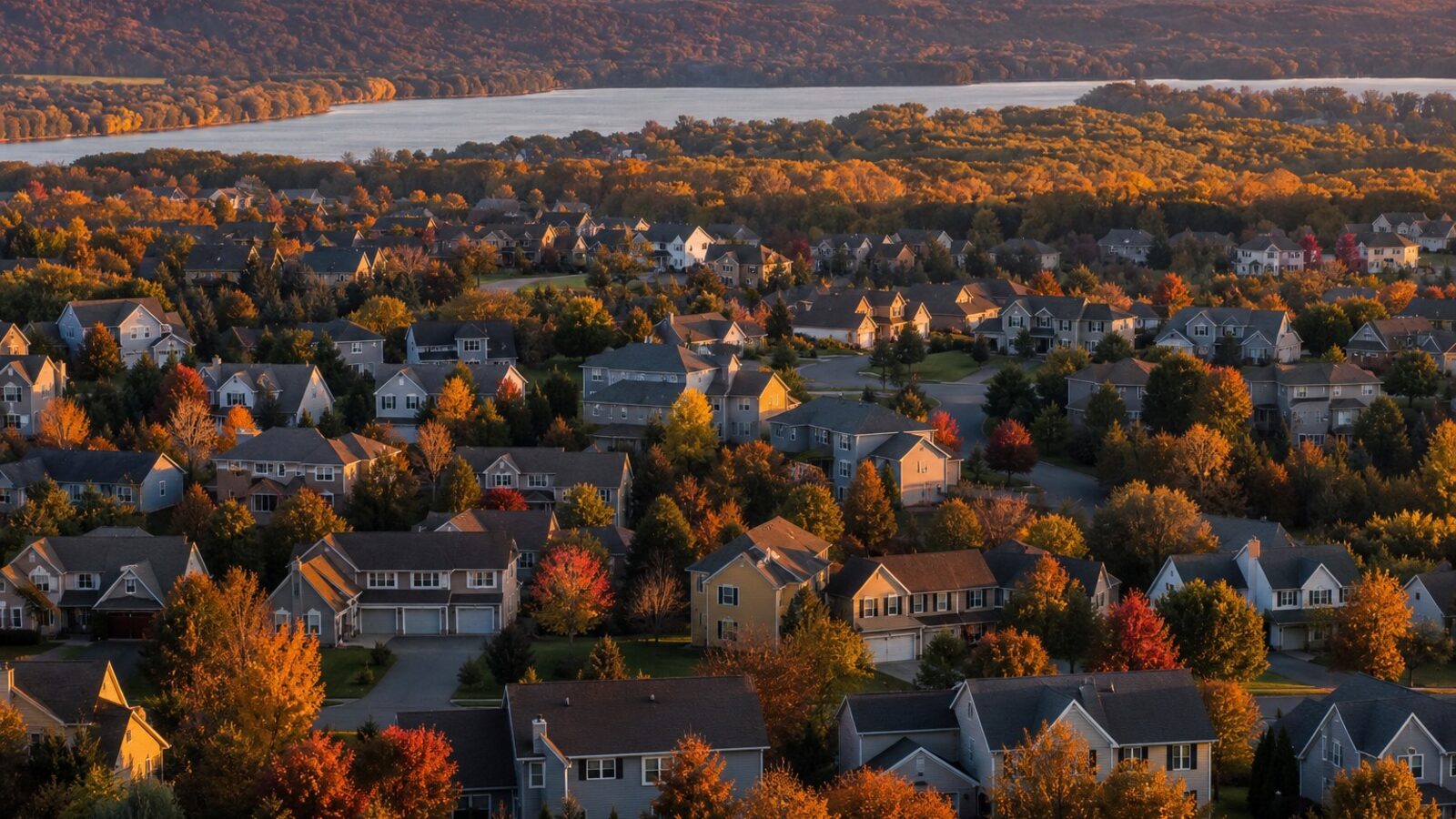 Aerial view of a neighborhood of homes surrounded by fall color at sunset, with a river and wooded bluffs in the distance