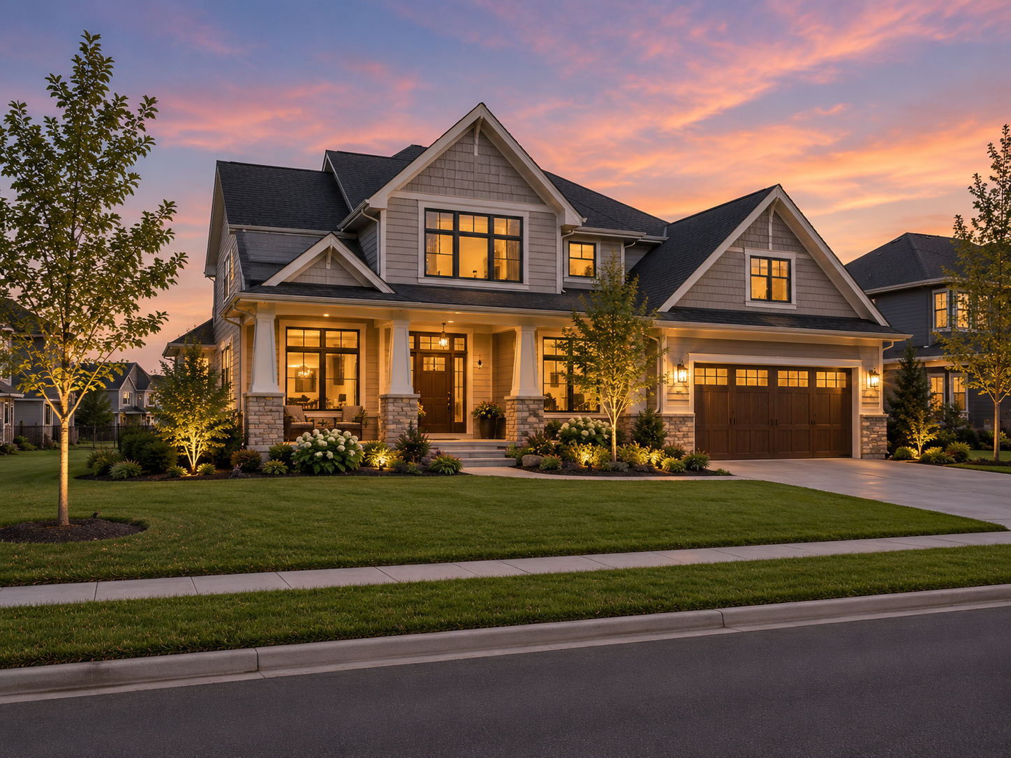 Craftsman-style home in the Inspiration neighborhood of Bayport, Minnesota at sunset