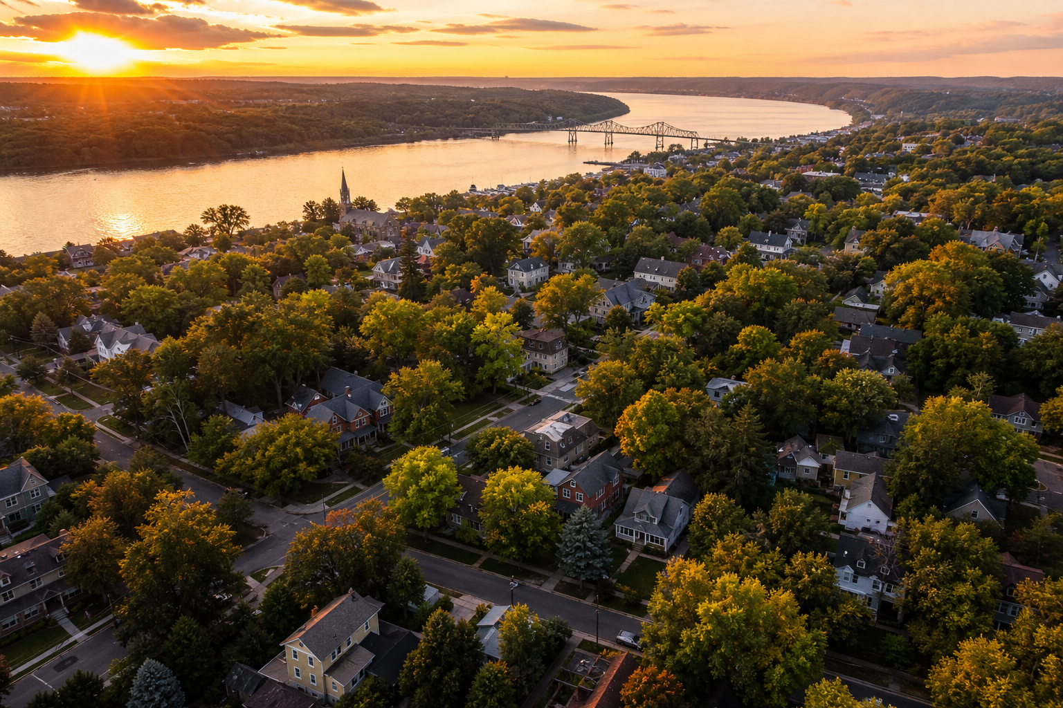 Aerial view of Stillwater, Minnesota neighborhoods, the St. Croix River and the Stillwater Lift Bridge at sunset