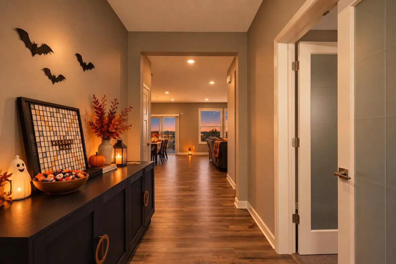 Digitally enhanced Halloween-themed interior view of 870 Spancil Hill Dr in Woodbury, Minnesota: main-level hallway.