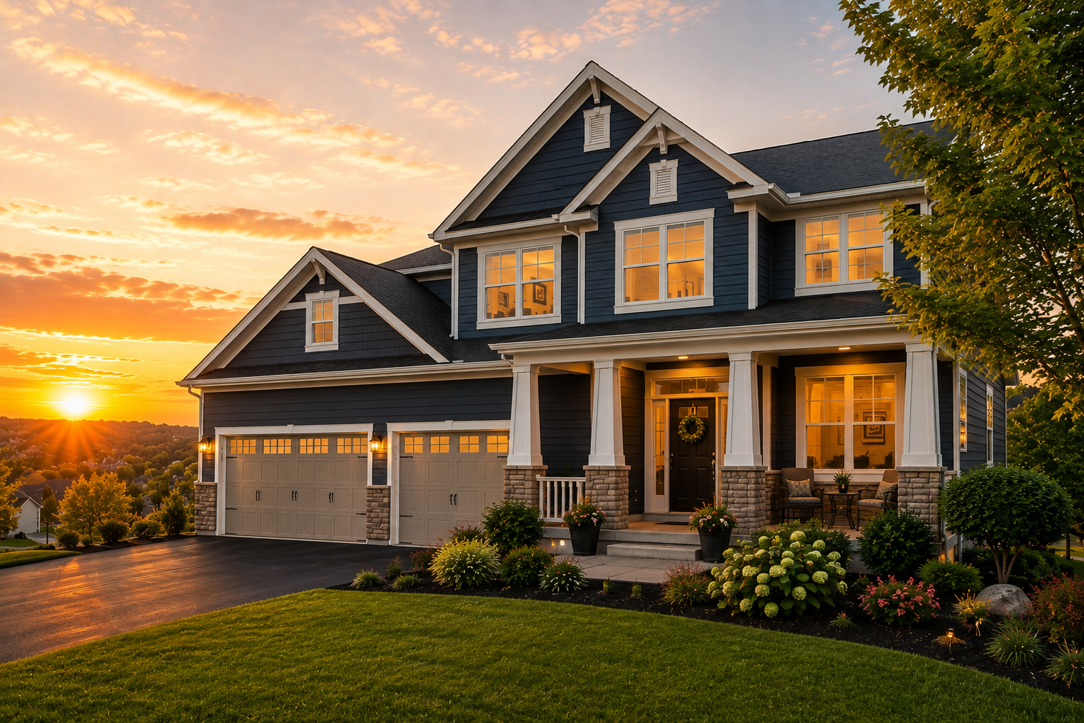 Craftsman-style Minnesota home at golden hour with a warm sunset sky
