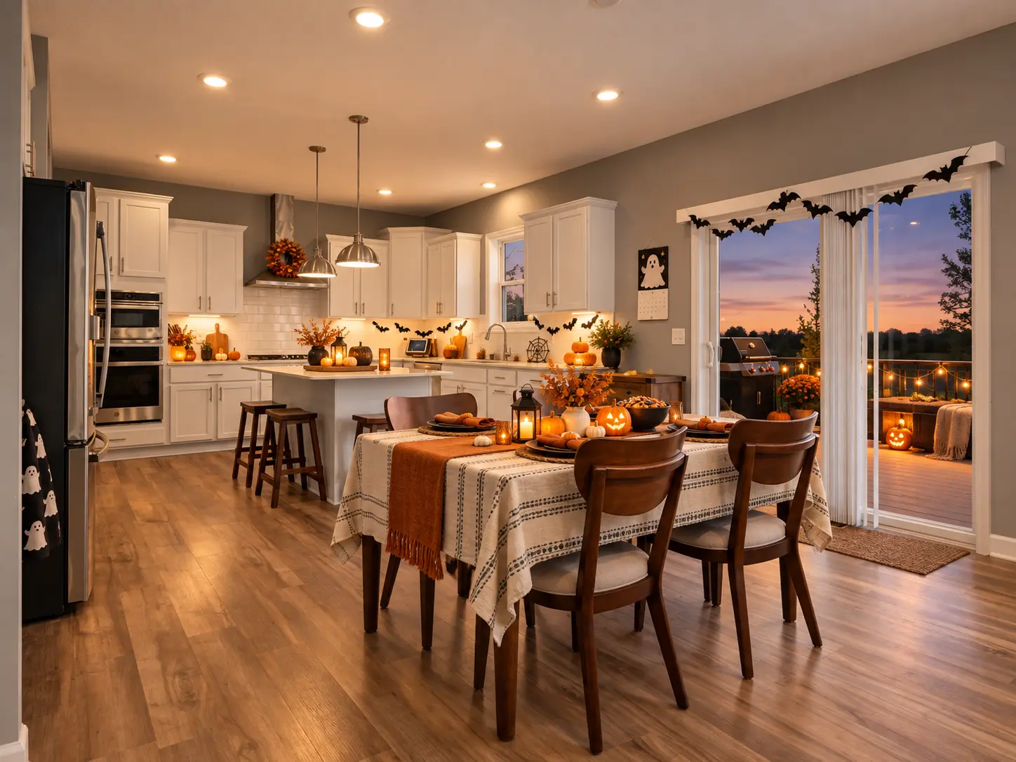 Digitally enhanced Halloween-themed interior view of 870 Spancil Hill Dr in Woodbury, Minnesota: kitchen and dining area.