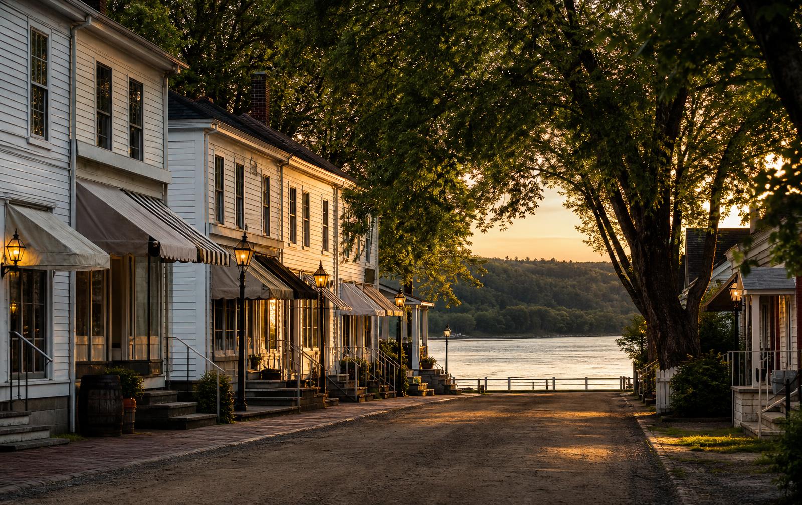 Historic downtown Afton, Minnesota, with 19th century storefronts and the St. Croix River beyond