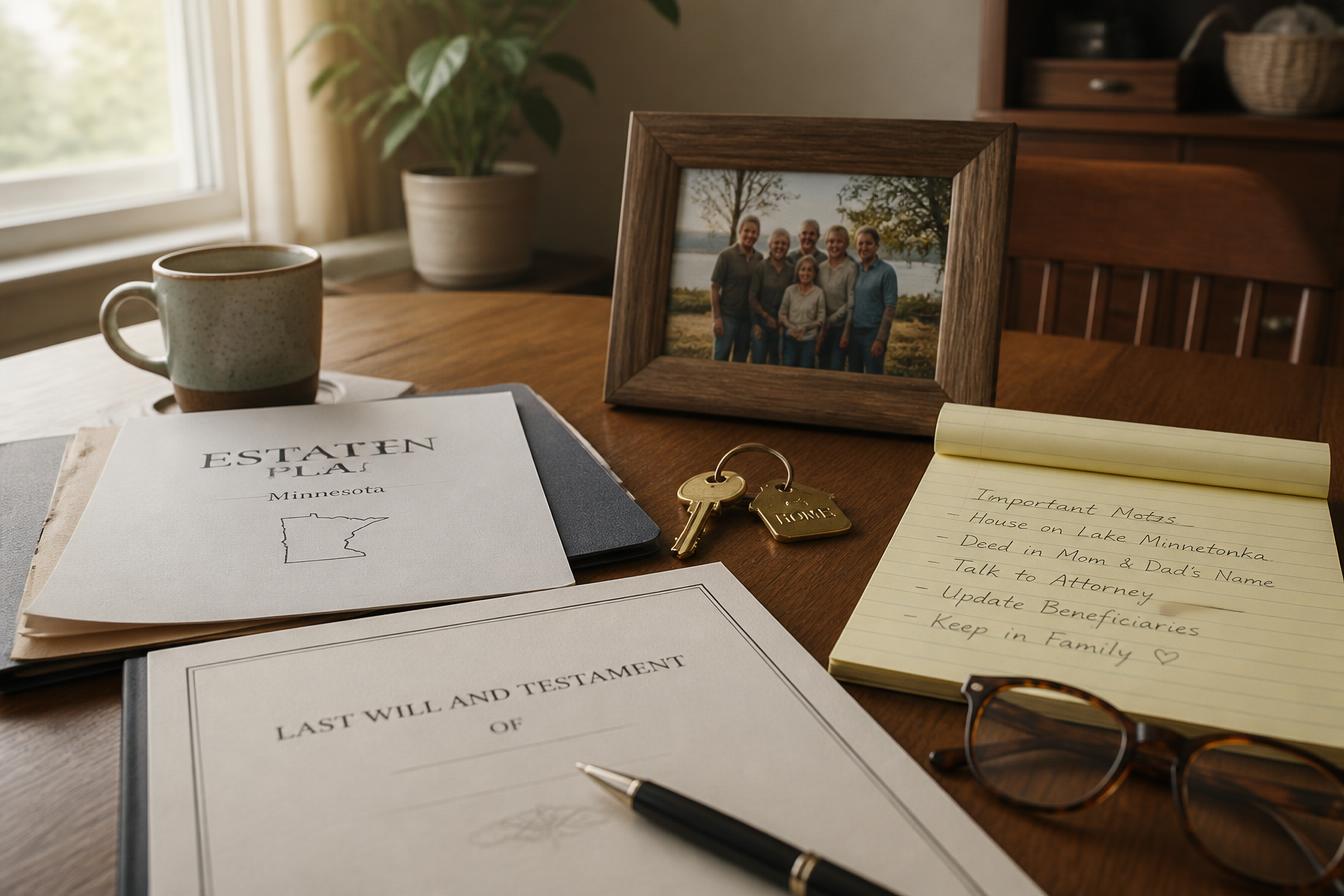Estate planning documents, a brass house key, a framed family photograph, and handwritten notes on a wooden table in warm morning light