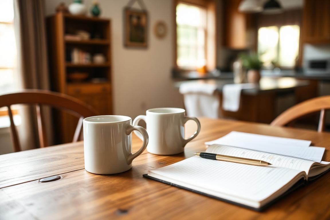 A warm kitchen table consultation scene with two coffee mugs, an open notebook, and a pen in soft natural window light