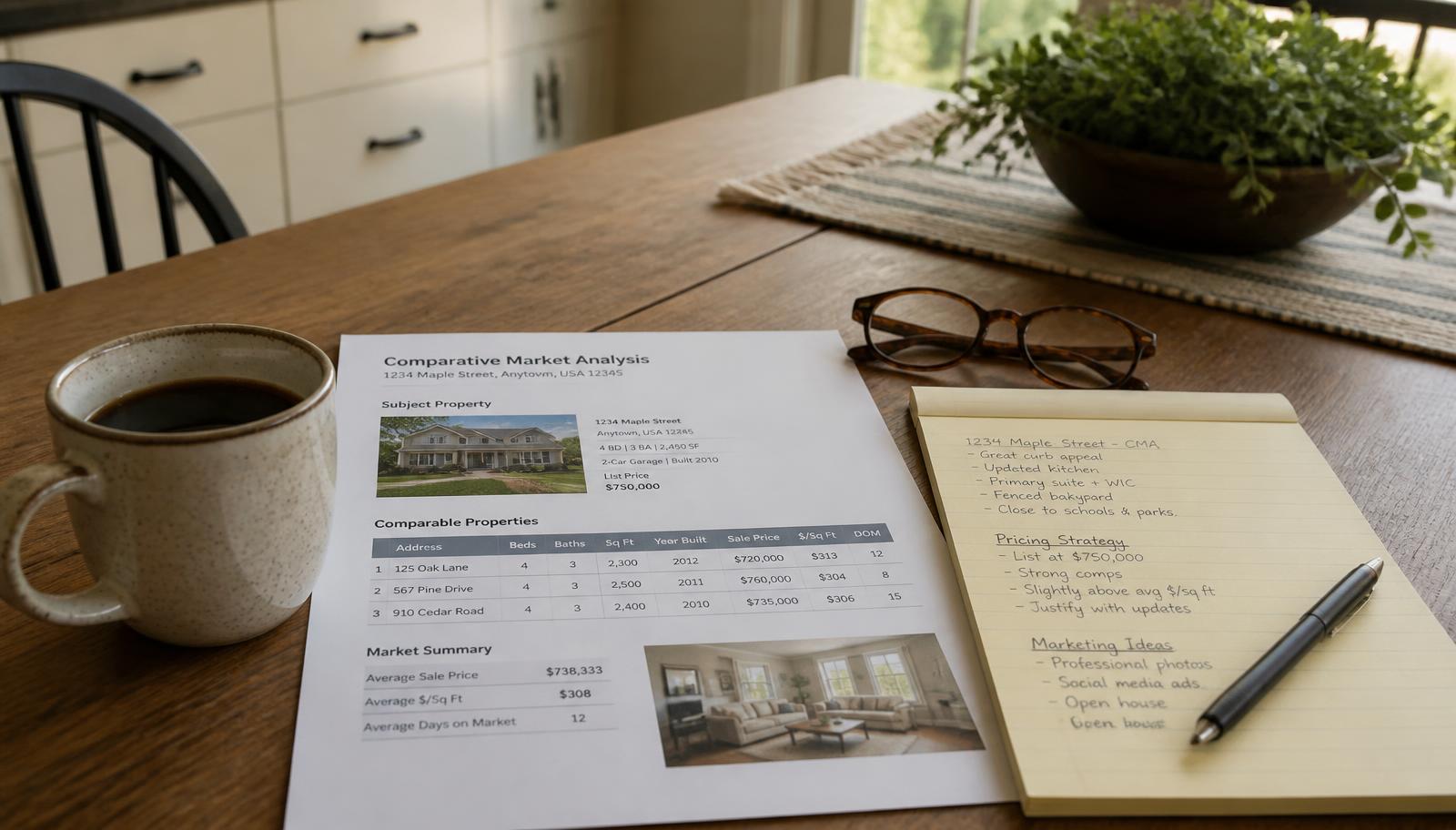 A printed comparative market analysis report, handwritten pricing notes, reading glasses, and a cup of coffee on a kitchen table in warm morning light