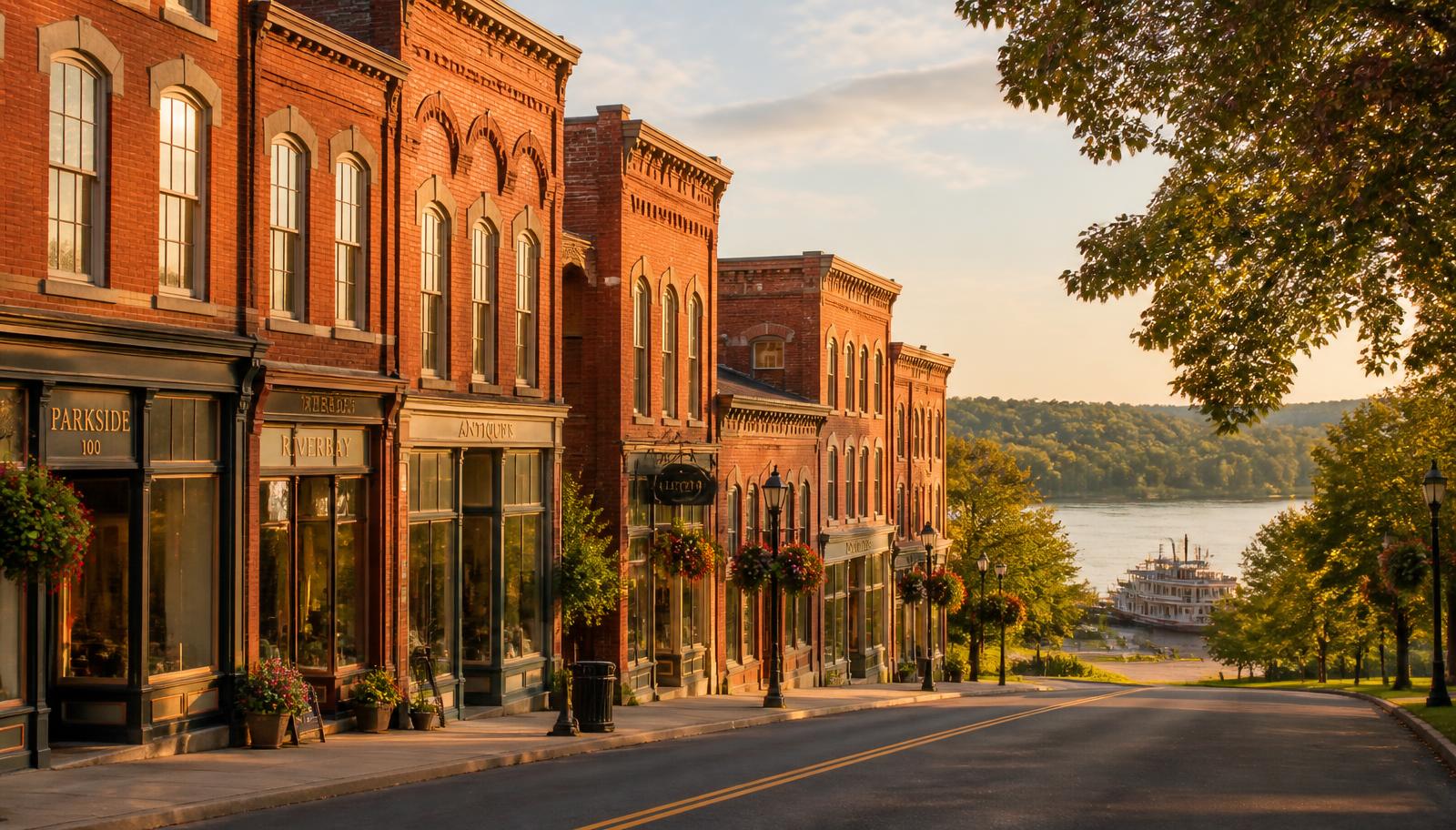 Historic red brick storefronts in downtown Hudson, Wisconsin with the St. Croix River beyond