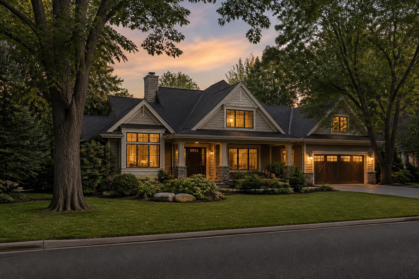 A well-maintained Minnesota home at dusk with warm interior light glowing through the windows, surrounded by mature trees and a quiet street