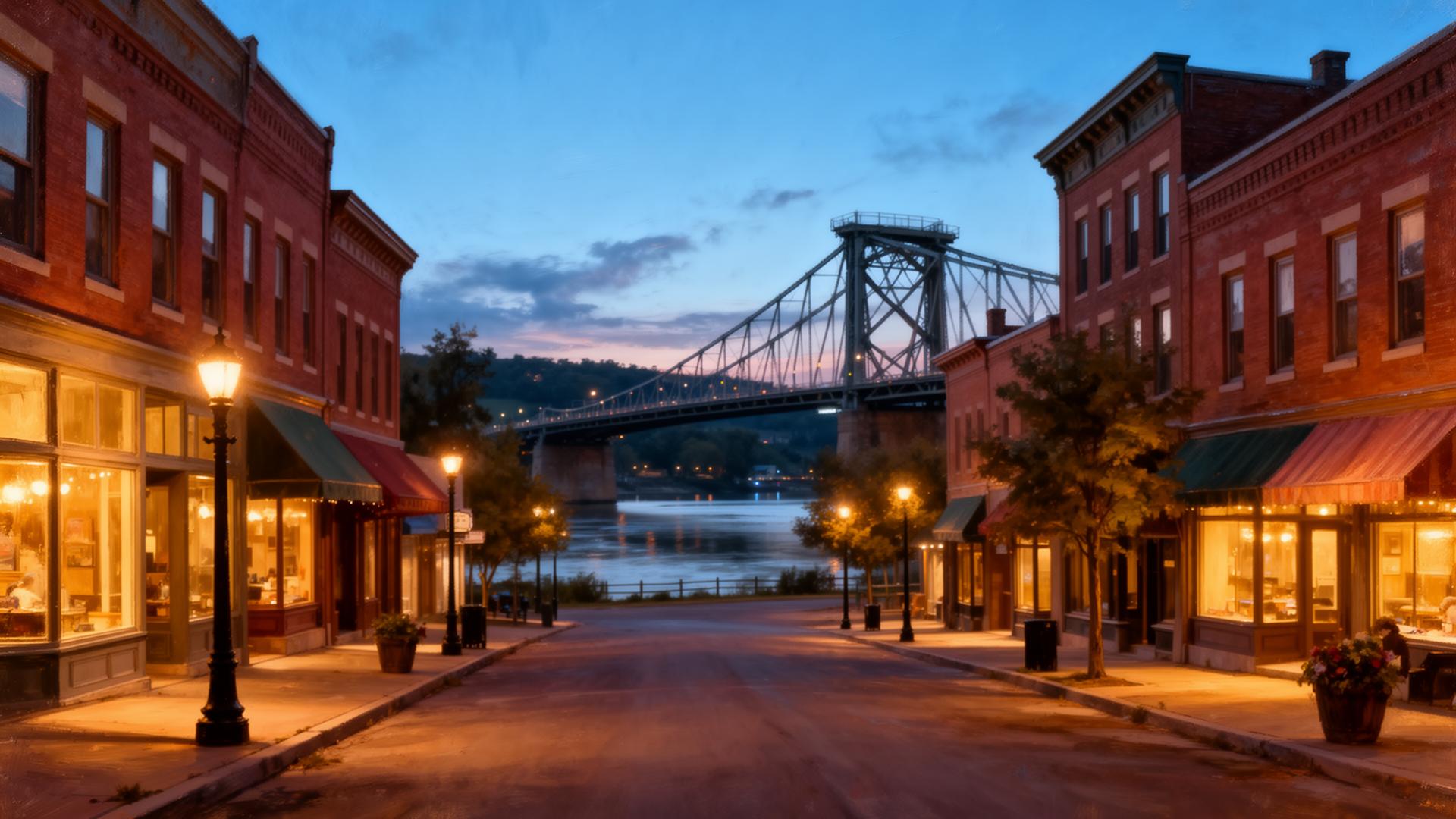 Historic Stillwater main street and lift bridge at dusk
